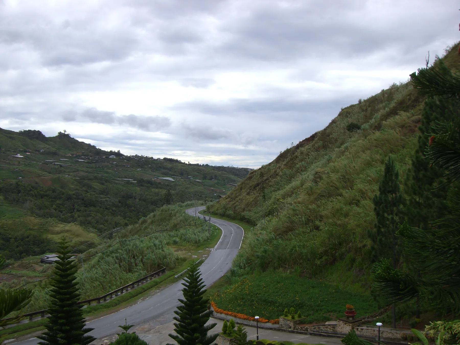 A winding road through the green hills of Kundasang, Sabah